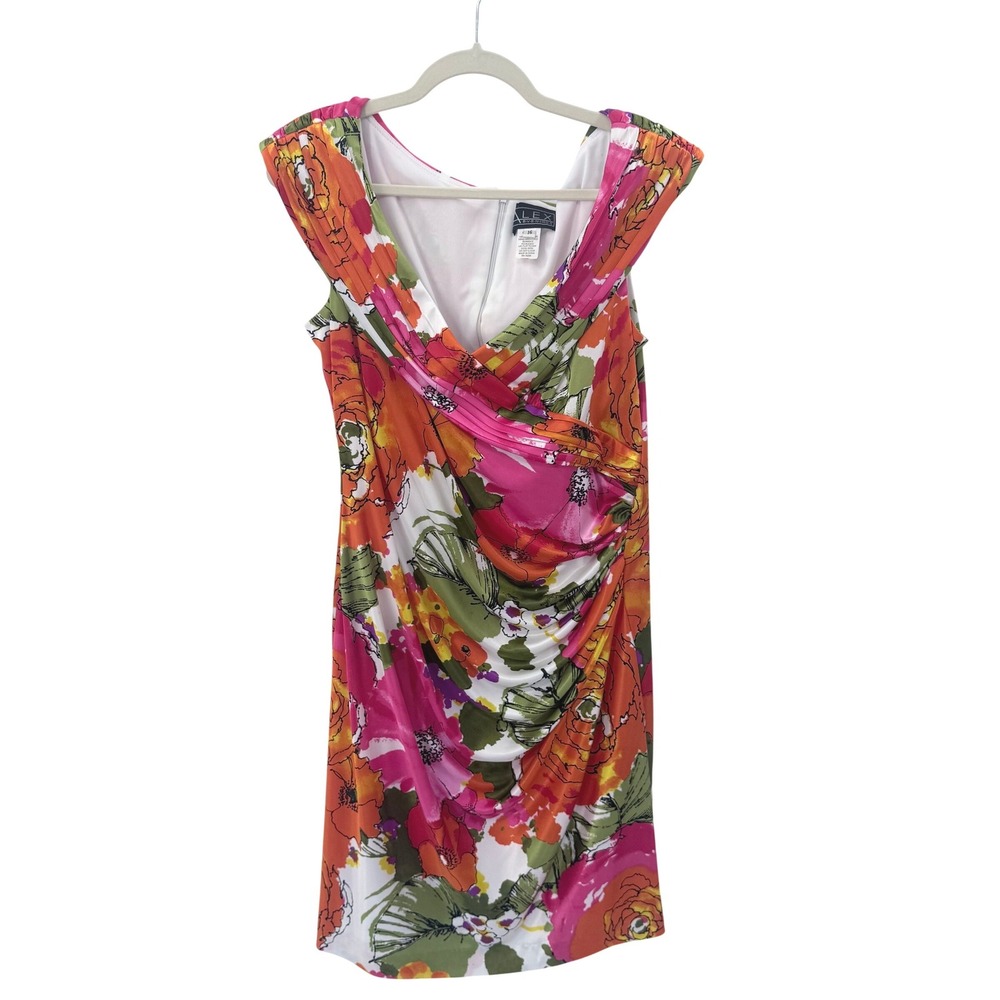 Alex Evenings Floral Ruched Sheath Dress Pink Orange Green Size 16 Wedding Guest